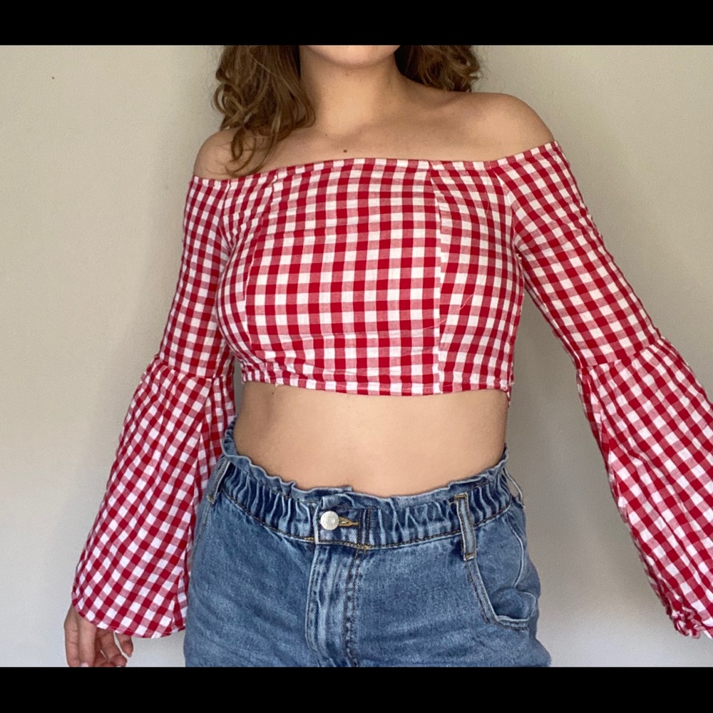 Off the shoulder red flannel backless top